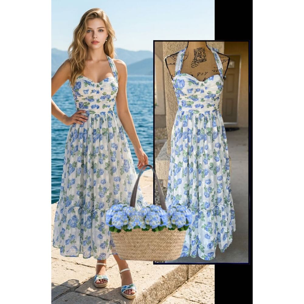 Petal & Pup Padded Cups Sweet Heart Neckline Blue Floral  Floret Midi Dress Sz M